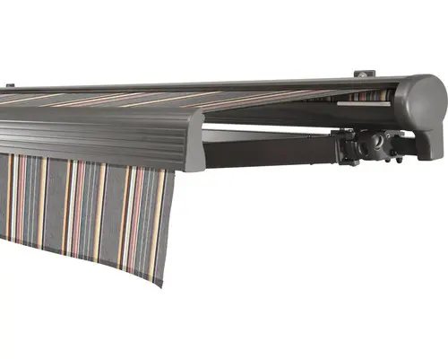 SOLUNA Halbkassettenmarkise Comfort 6x2 Stoff Dessin D422 Gestell DB703 dunkelgrau Antrieb rechts inkl. Motor, Sonnen und Windwächter, Wandschalter