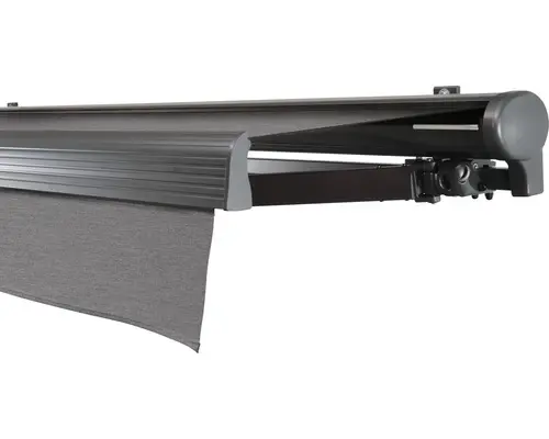 SOLUNA Halbkassettenmarkise Comfort 5,5x3,5 Stoff Dessin U104 Gestell DB703 dunkelgrau Antrieb rechts inkl. Motor, Sonnen und Windwächter, Wandschalter