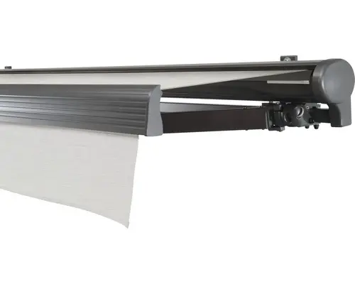SOLUNA Halbkassettenmarkise Comfort 4,5x3,5 Stoff Dessin U190 Gestell DB703 dunkelgrau Antrieb rechts inkl. Motor, Sonnen und Windwächter, Wandschalter