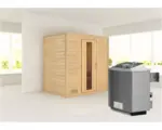 Hornbach Blockbohlensauna Karibu Sonja inkl. 9 kW Ofen u.integr.Steuerung ohne Dachkranz mit Holztüre und Isolierglas wärmegedämmt
