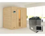 Hornbach Blockbohlensauna Karibu Sonja inkl. 9 kW Ofen u.ext.Steuerung ohne Dachkranz mit Holztüre und Isolierglas wärmegedämmt