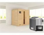 Hornbach Blockbohlensauna Karibu Sonja inkl. 9 kW Bio Ofen u.ext.Steuerung ohne Dachkranz mit Holztüre und Isolierglas wärmegedämmt