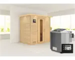 Hornbach Blockbohlensauna Karibu Sonja inkl. 9 kW Bio Ofen u.ext.Steuerung mit Dachkranz und Holztüre mit Isolierglas wärmegedämmt