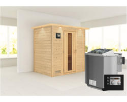 Blockbohlensauna Karibu Sonja inkl. 9 kW Bio Ofen u.ext.Steuerung mit Dachkranz und Holztüre mit Isolierglas wärmegedämmt