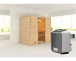 Hornbach Blockbohlensauna Karibu Sonja inkl.9 kW Ofen u.integr.Steuerung ohne Dachkranz mit bronzierter Ganzglastüre