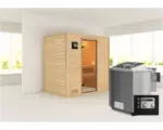 Hornbach Blockbohlensauna Karibu Sonja inkl. 9 kW Bio Ofen u.ext.Steuerung ohne Dachkranz mit bronzierter Ganzglastüre