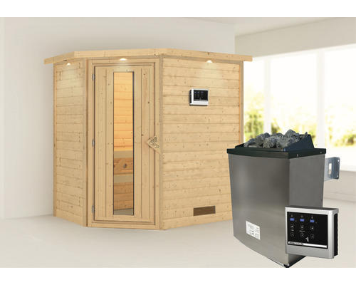 Blockbohlensauna Karibu Svea inkl. 9 kW Ofen u.ext.Steuerung mit Dachkranz und Holztüre mit Isolierglas wärmegedämmt