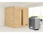 Hornbach Blockbohlensauna Karibu Anja inkl. 9 kW Ofen u.integr.Steuerung ohne Dachkranz mit Holztüre und Isolierglas wärmegedämmt