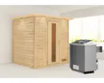 Hornbach Blockbohlensauna Karibu Anja inkl. 9 kW Ofen u.integr.Steuerung mit Dachkranz und Holztüre mit Isolierglas wärmegedämmt