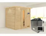 Hornbach Blockbohlensauna Karibu Anja inkl. 9 kW Ofen u.ext.Steuerung mit Dachkranz und Holztüre mit Isolierglas wärmegedämmt