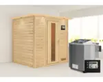 Hornbach Blockbohlensauna Karibu Anja inkl. 9 kW Bio Ofen u.ext.Steuerung mit Dachkranz und Holztüre mit Isolierglas wärmegedämmt