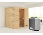 Hornbach Blockbohlensauna Karibu Anja inkl.9 kW Ofen u.integr.Steuerung ohne Dachkranz mit bronzierter Ganzglastüre