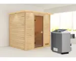 Hornbach Blockbohlensauna Karibu Anja inkl.9 kW Ofen u.integr.Steuerung mit Dachkranz und bronzierter Ganzglastüre