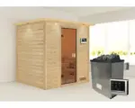 Hornbach Blockbohlensauna Karibu Anja inkl.9 kW Ofen u.ext.Steuerung mit Dachkranz und bronzierter Ganzglastüre