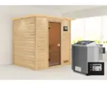 Hornbach Blockbohlensauna Karibu Anja inkl. 9 kW Bio Ofen u.ext.Steuerung mit Dachkranz und bronzierter Ganzglastüre