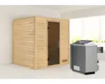 Hornbach Blockbohlensauna Karibu Anja inkl.9 kW Ofen u.integr.Steuerung ohne Dachkranz mit graphitfarbiger Ganzglastüre