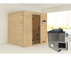 Blockbohlensauna Karibu Anja inkl.9 kW Ofen u.ext.Steuerung ohne Dachkranz mit graphitfarbiger Ganzglastüre