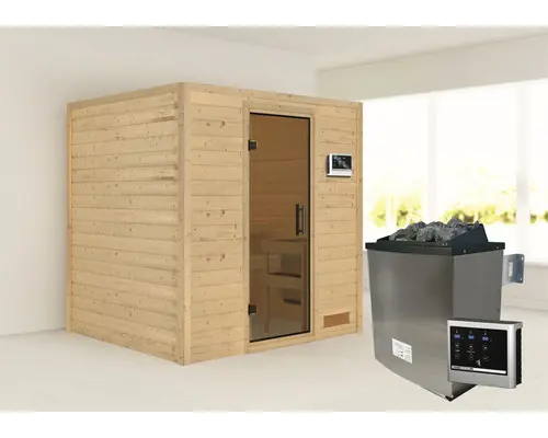 Blockbohlensauna Karibu Anja inkl.9 kW Ofen u.ext.Steuerung ohne Dachkranz mit graphitfarbiger Ganzglastüre