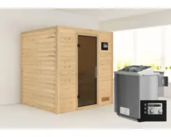 Blockbohlensauna Karibu Anja inkl. 9 kW Bio Ofen u.ext.Steuerung ohne Dachkranz mit graphitfarbiger Ganzglastüre