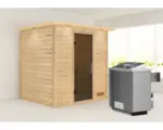 Hornbach Blockbohlensauna Karibu Anja inkl.9 kW Ofen u.integr.Steuerung mit Dachkranz und graphitfarbiger Ganzglastüre