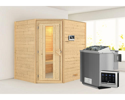 Blockbohlensauna Karibu Mia inkl. 9 kW Bio Ofen u.ext.Steuerung ohne Dachkranz mit Holztüre und Isolierglas wärmegedämmt