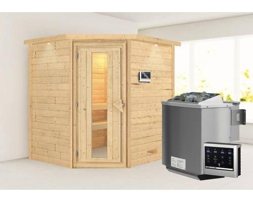 Blockbohlensauna Karibu Mia inkl. 9 kW Bio Ofen u.ext.Steuerung mit Dachkranz und Holztüre mit Isolierglas wärmegedämmt