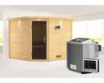Hornbach Blockbohlensauna Karibu Leona inkl. 9 kW Bio Ofen u.ext.Steuerung mit Dachkranz und graphitfarbiger Ganzglastüre