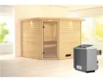 Hornbach Blockbohlensauna Karibu Leona inkl.9 kW Ofen u.integr.Steuerung mit Dachkranz und Ganzglastüre aus Klarglas