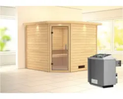 Blockbohlensauna Karibu Leona inkl.9 kW Ofen u.integr.Steuerung mit Dachkranz und Ganzglastüre aus Klarglas