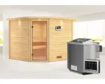 Hornbach Blockbohlensauna Karibu Leona inkl. 9 kW Bio Ofen u.ext.Steuerung mit Dachkranz und Ganzglastüre aus Klarglas