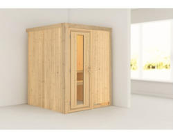 Plug & Play Sauna Karibu Sinja ohne Ofen und Dachkranz mit Holztüre und Isolierglas wärmegedämmt