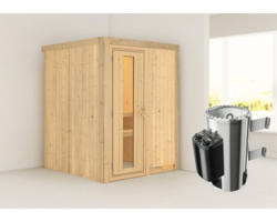 Plug & Play Sauna Karibu Sinja inkl. 3,6 kW Ofen u.integr.Steuerung ohne Dachkranz mit Holztüre aus Isolierglas wärmegedämmt