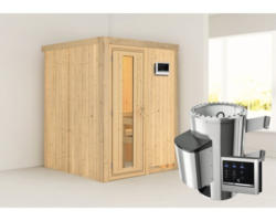 Plug & Play Sauna Karibu Sinja inkl. 3,6 kW Ofen u.ext.Steuerung ohne Dachkranz mit Holztüre aus Isolierglas wärmegedämmt