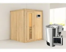 Plug & Play Sauna Karibu Sinja inkl. 3,6 kW Bio Ofen u.ext.Steuerung ohne Dachkranz mit Holztüre aus Isolierglas wärmegedämmt