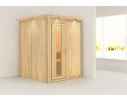 Plug & Play Sauna Karibu Achat I ohne Ofen mit Dachkranz und Holztüre mit Isolierglas wärmegedämmt