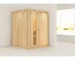 Plug & Play Sauna Karibu Achat I ohne Ofen mit Dachkranz und Holztüre mit Isolierglas wärmegedämmt