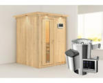 Hornbach Plug & Play Sauna Karibu Achat I inkl. 3,6 kW Ofen u.ext.Steuerung mit Dachkranz und Holztüre aus Isolierglas wärmegedämmt