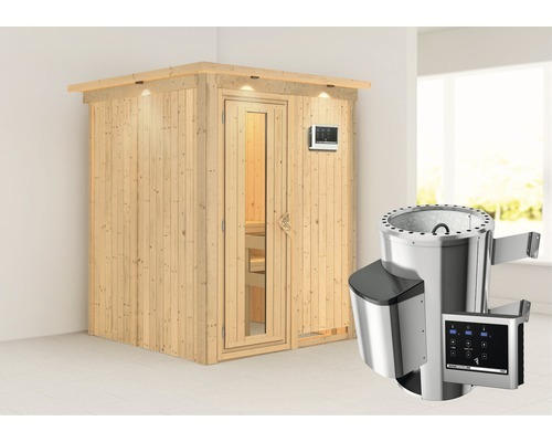 Plug & Play Sauna Karibu Achat I inkl. 3,6 kW Ofen u.ext.Steuerung mit Dachkranz und Holztüre aus Isolierglas wärmegedämmt