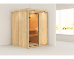 Plug & Play Sauna Karibu Achat I ohne Ofen mit Dachkranz und bronzierter Ganzglastüre