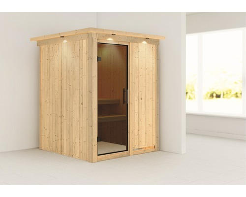 Plug & Play Sauna Karibu Achat I ohne Ofen mit Dachkranz und graphitfarbiger Ganzglastüre