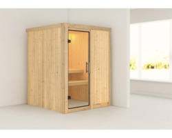 Plug & Play Sauna Karibu Sinja ohne Ofen ohne Dachkranz mit Ganzglastüre aus Klarglas