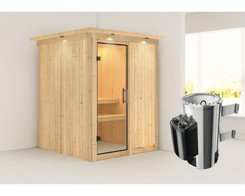 Plug & Play Sauna Karibu Achat I inkl. 3,6 kW Ofen u.integr.Steuerung mit Dachkranz und Ganzglastüre aus Klarglas