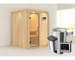 Plug & Play Sauna Karibu Achat I inkl. 3,6 kW Ofen u.ext.Steuerung mit Dachkranz und Ganzglastüre aus Klarglas