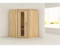Plug & Play Sauna Karibu Kanja ohne Ofen und Dachkranz mit Holztüre und Isolierglas wärmegedämmt