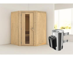 Plug & Play Sauna Karibu Kanja inkl. 3,6 kW Ofen u.integr.Steuerung ohne Dachkranz mit Holztüre aus Isolierglas wärmegedämmt