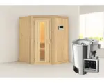 Hornbach Plug & Play Sauna Karibu Kanja inkl. 3,6 kW Bio Ofen u.ext.Steuerung ohne Dachkranz mit Holztüre aus Isolierglas wärmegedämmt