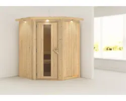 Elementsauna Karibu Callinan ohne Ofen mit Dachkranz und Holztüre mit Isolierglas wärmegedämmt