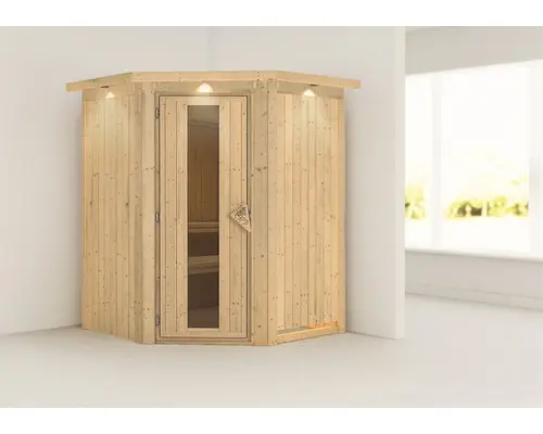 Elementsauna Karibu Callinan ohne Ofen mit Dachkranz und Holztüre mit Isolierglas wärmegedämmt