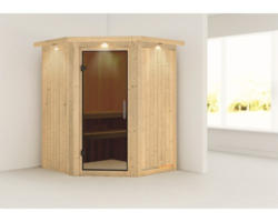 Plug & Play Sauna Karibu Achat II ohne Ofen mit Dachkranz und graphitfarbiger Ganzglastüre