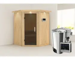 Plug & Play Sauna Karibu Achat II inkl. 3,6 kW Bio Ofen u.ext.Steuerung mit Dachkranz und graphitfarbiger Ganzglastüre